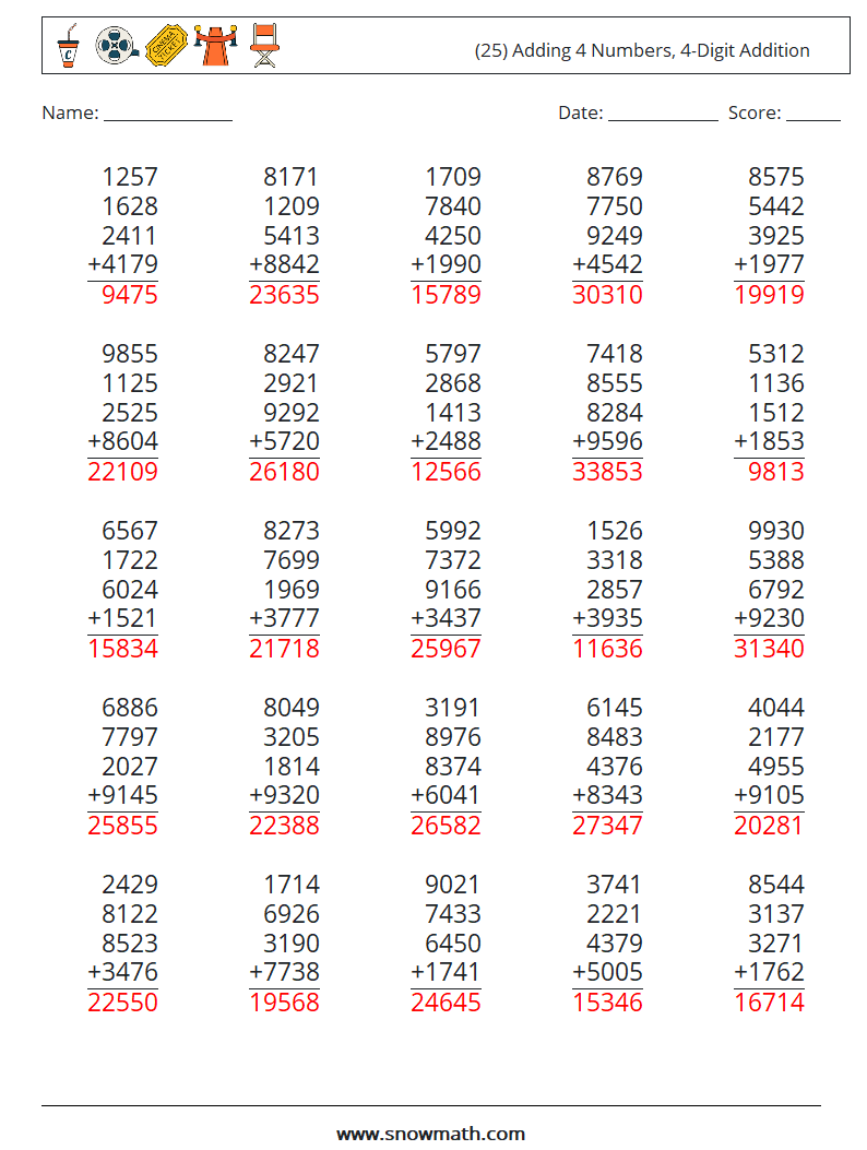 (25) Adding 4 Numbers, 4-Digit Addition Math Worksheets 8 Question, Answer