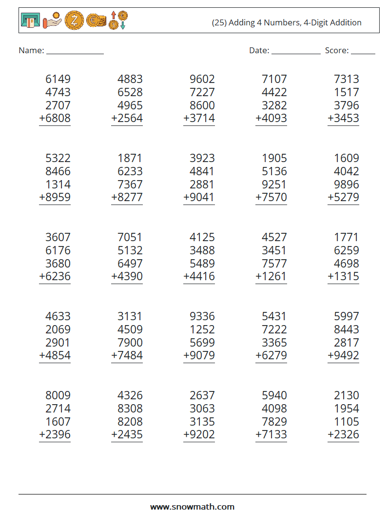 (25) Adding 4 Numbers, 4-Digit Addition Math Worksheets 9