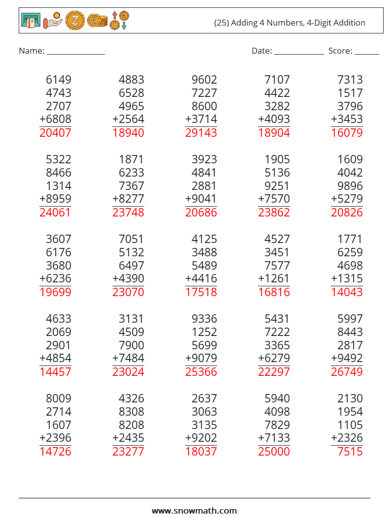 (25) Adding 4 Numbers, 4-Digit Addition Math Worksheets 9 Question, Answer