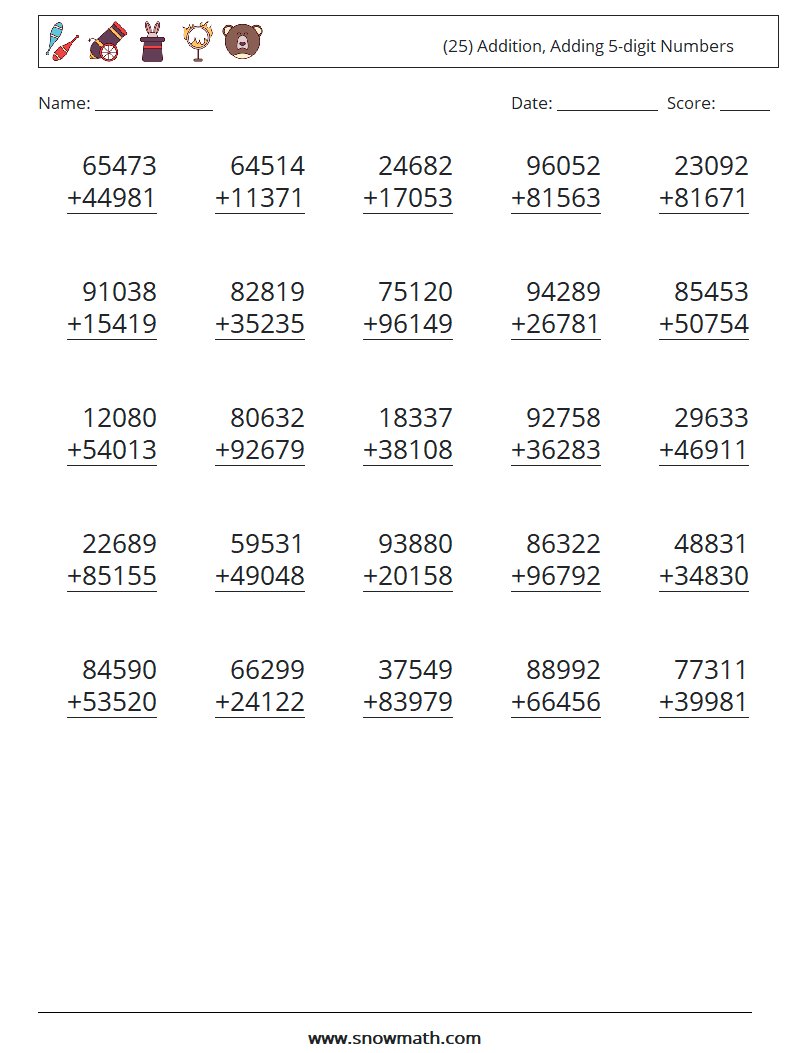 (25) Addition, Adding 5-digit Numbers Math Worksheets 2