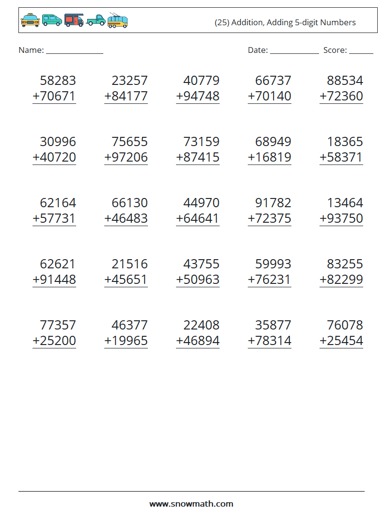 (25) Addition, Adding 5-digit Numbers Math Worksheets 3