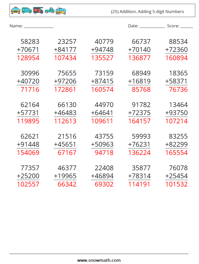 (25) Addition, Adding 5-digit Numbers Math Worksheets 3 Question, Answer