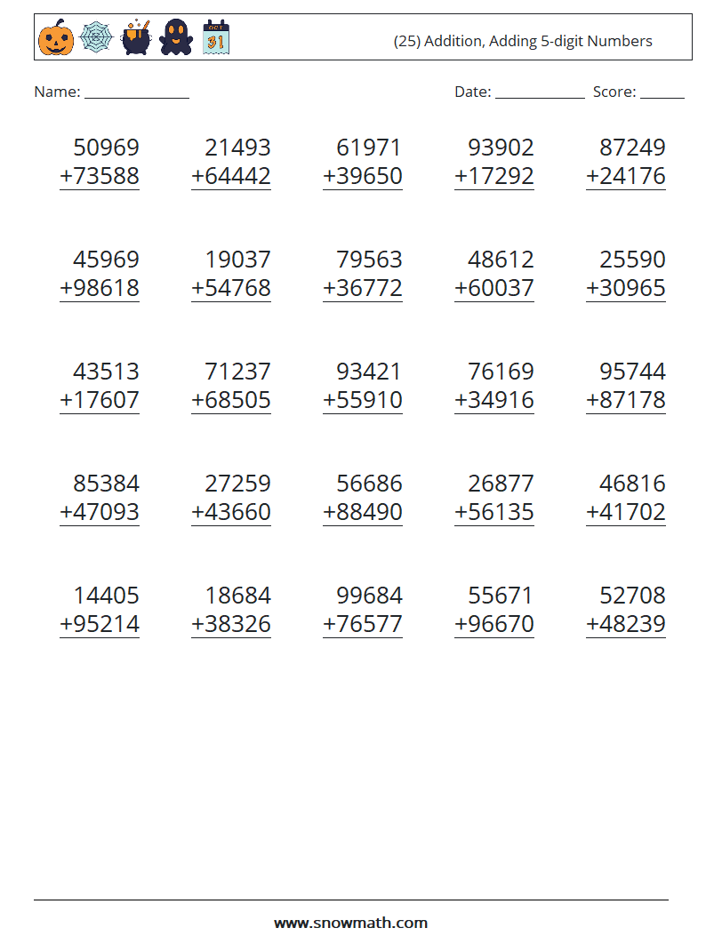 (25) Addition, Adding 5-digit Numbers Math Worksheets 4