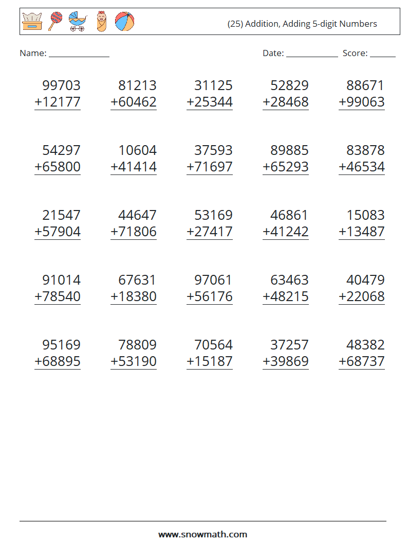 (25) Addition, Adding 5-digit Numbers Math Worksheets 5