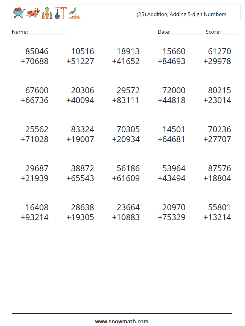 (25) Addition, Adding 5-digit Numbers Math Worksheets 8