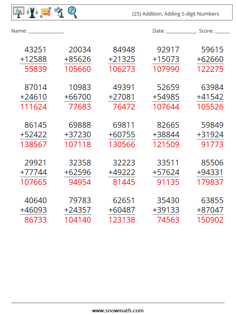 (25) Addition, Adding 5-digit Numbers Math Worksheets 9 Question, Answer