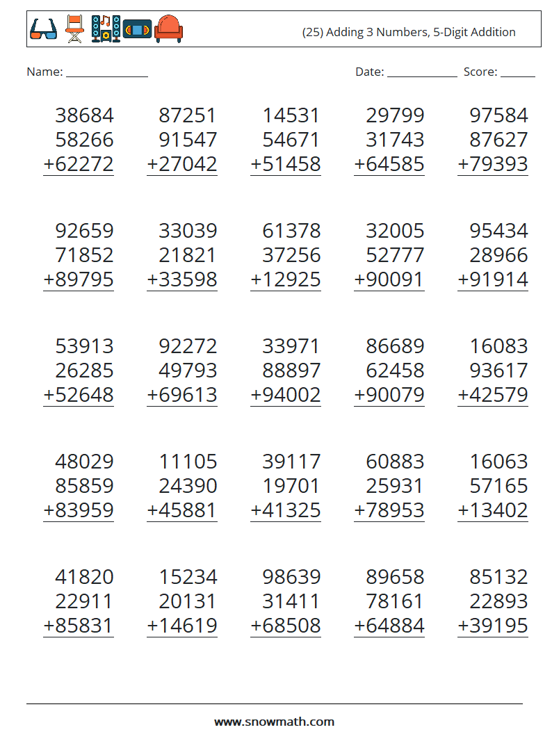 (25) Adding 3 Numbers, 5-Digit Addition Math Worksheets 1