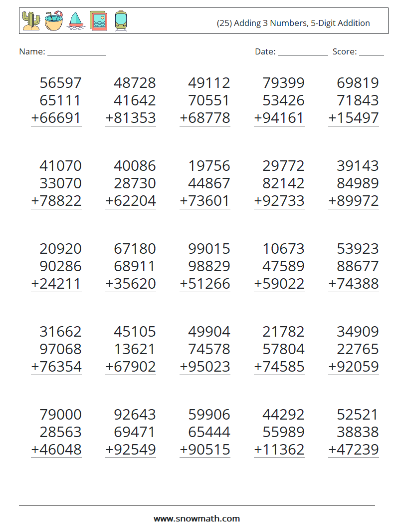 (25) Adding 3 Numbers, 5-Digit Addition Math Worksheets 17