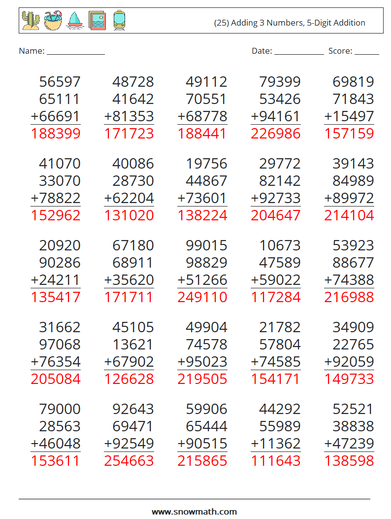 (25) Adding 3 Numbers, 5-Digit Addition Math Worksheets 17 Question, Answer