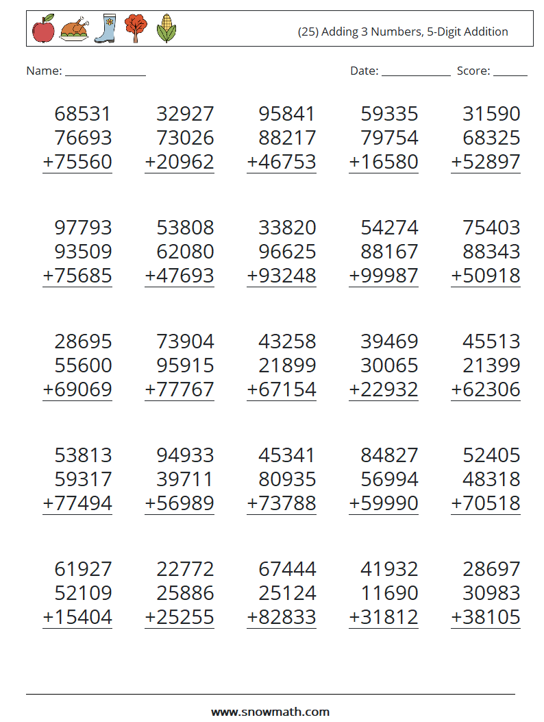 (25) Adding 3 Numbers, 5-Digit Addition Math Worksheets 2