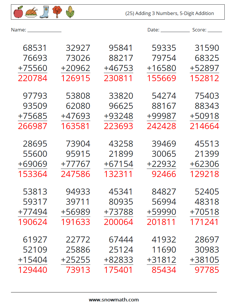 (25) Adding 3 Numbers, 5-Digit Addition Math Worksheets 2 Question, Answer