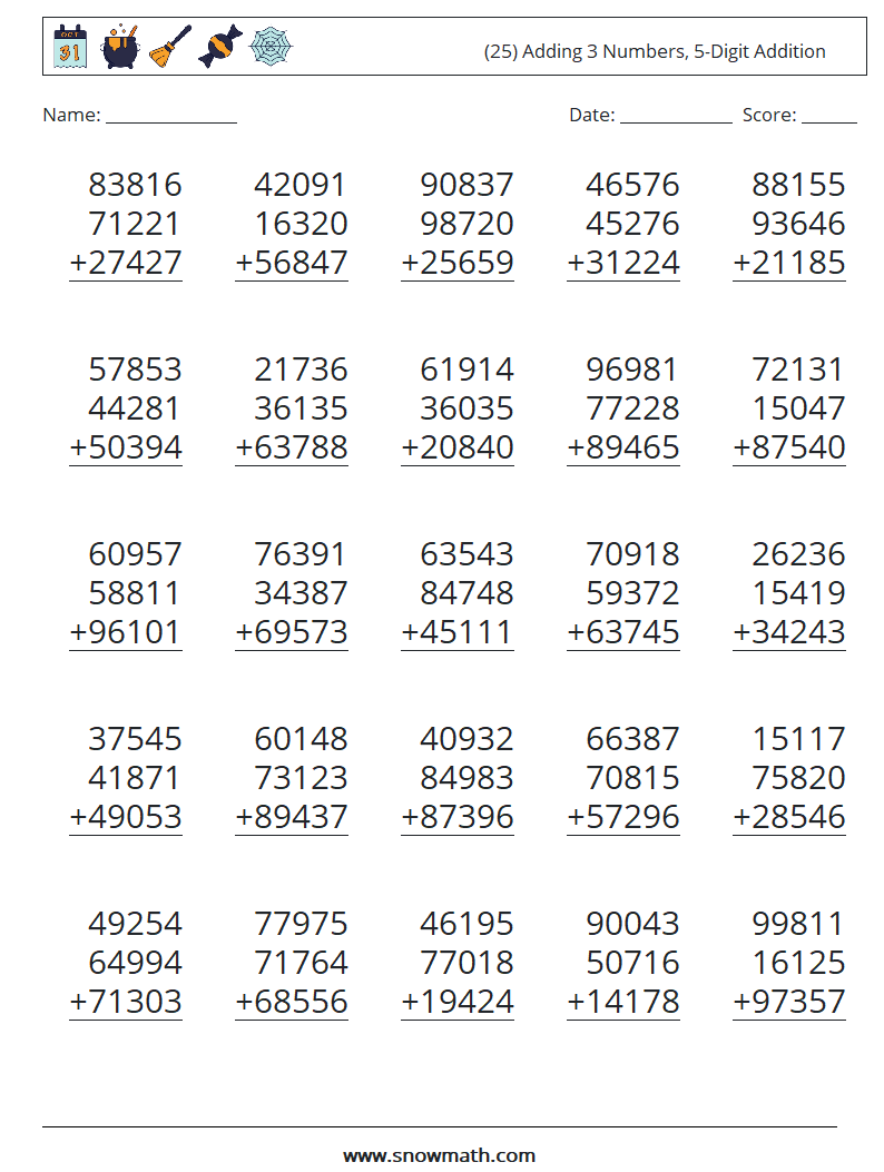 (25) Adding 3 Numbers, 5-Digit Addition Math Worksheets 3