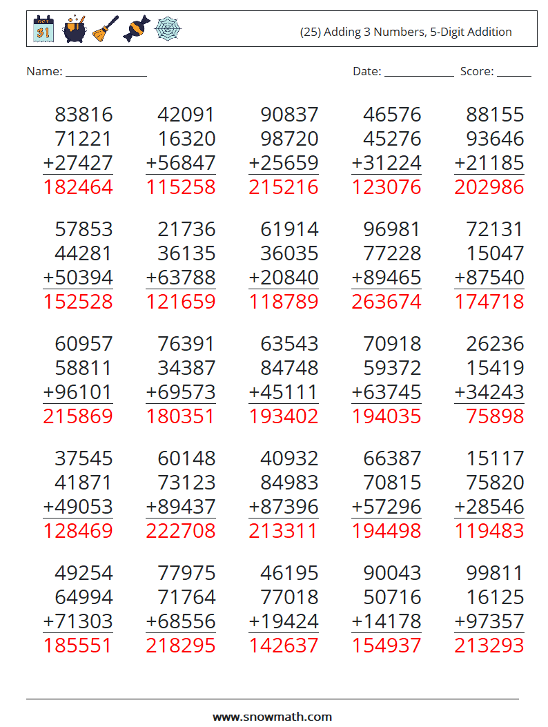 (25) Adding 3 Numbers, 5-Digit Addition Math Worksheets 3 Question, Answer