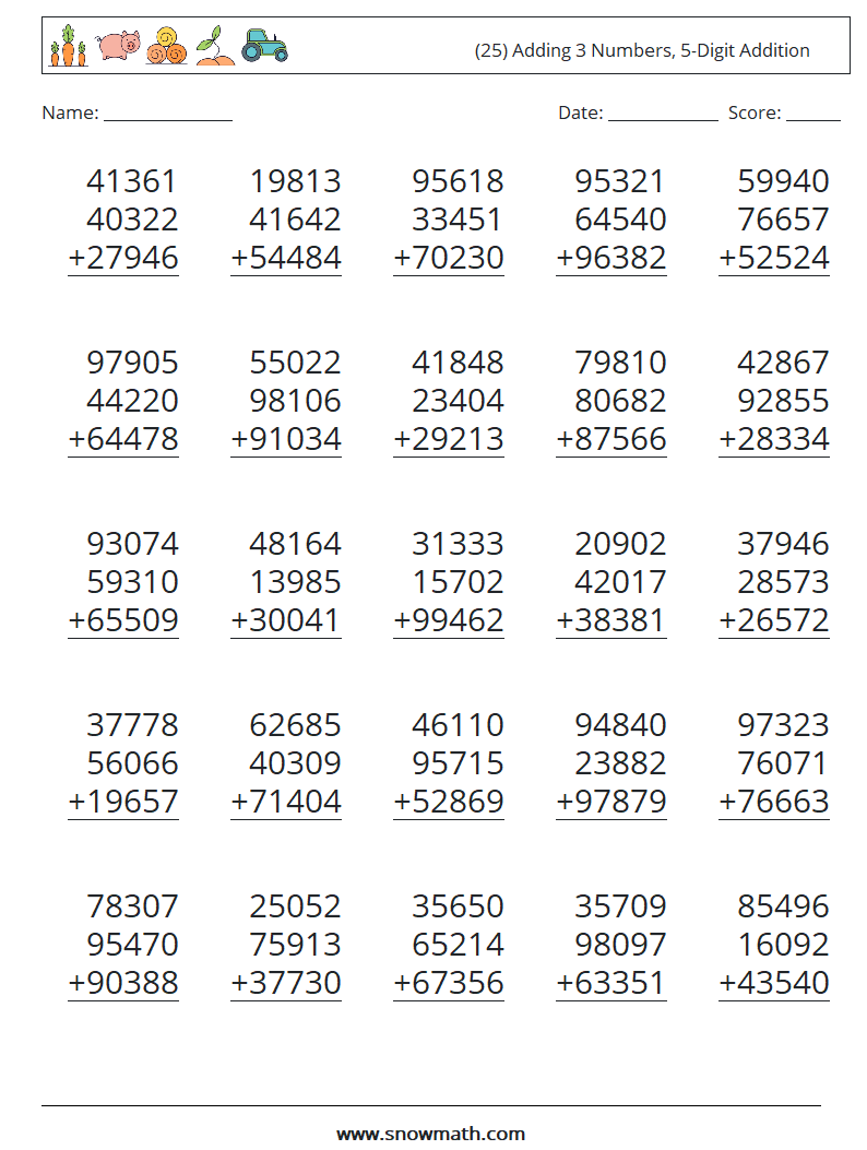 (25) Adding 3 Numbers, 5-Digit Addition Math Worksheets 4