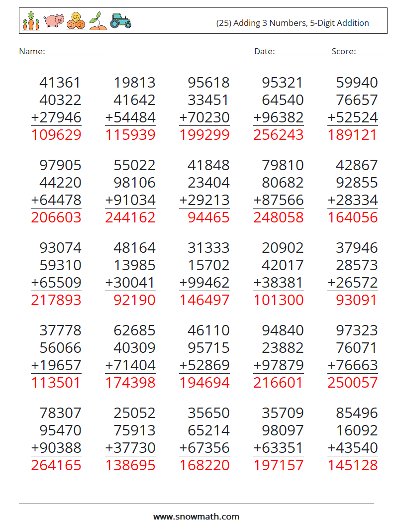 (25) Adding 3 Numbers, 5-Digit Addition Math Worksheets 4 Question, Answer