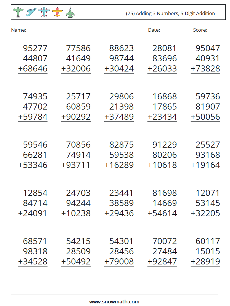 (25) Adding 3 Numbers, 5-Digit Addition Math Worksheets 5