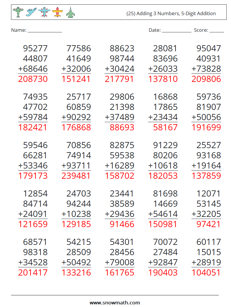 (25) Adding 3 Numbers, 5-Digit Addition Math Worksheets 5 Question, Answer