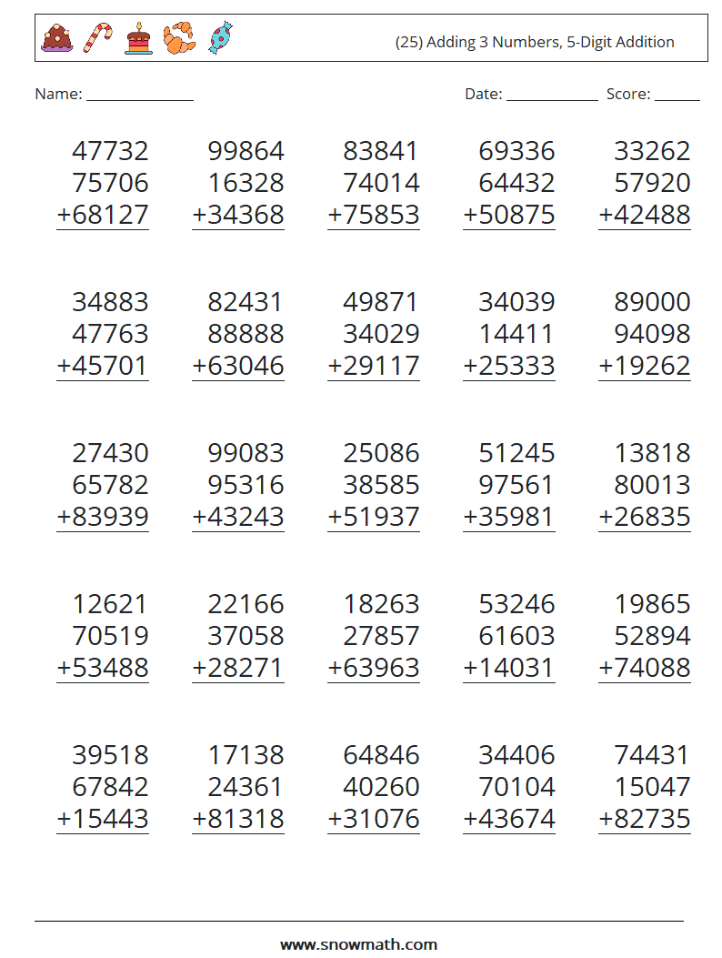 (25) Adding 3 Numbers, 5-Digit Addition Math Worksheets 6