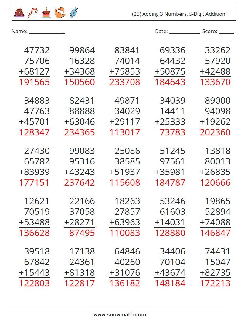 (25) Adding 3 Numbers, 5-Digit Addition Math Worksheets 6 Question, Answer