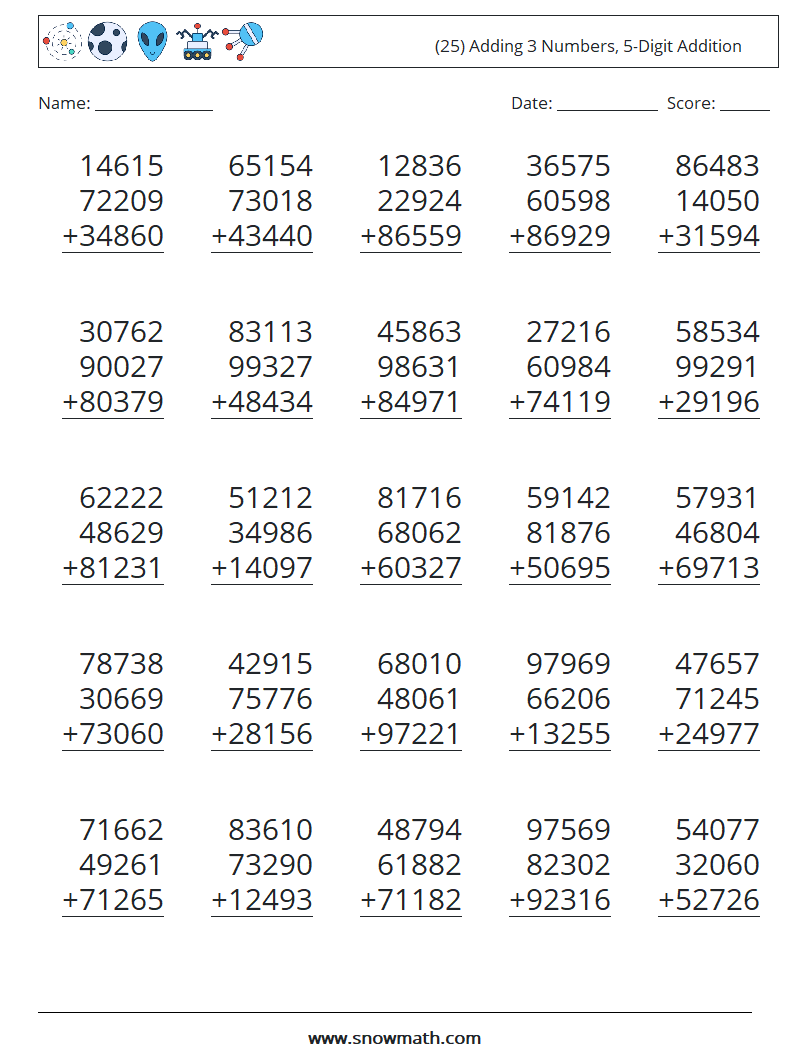 (25) Adding 3 Numbers, 5-Digit Addition Math Worksheets 7