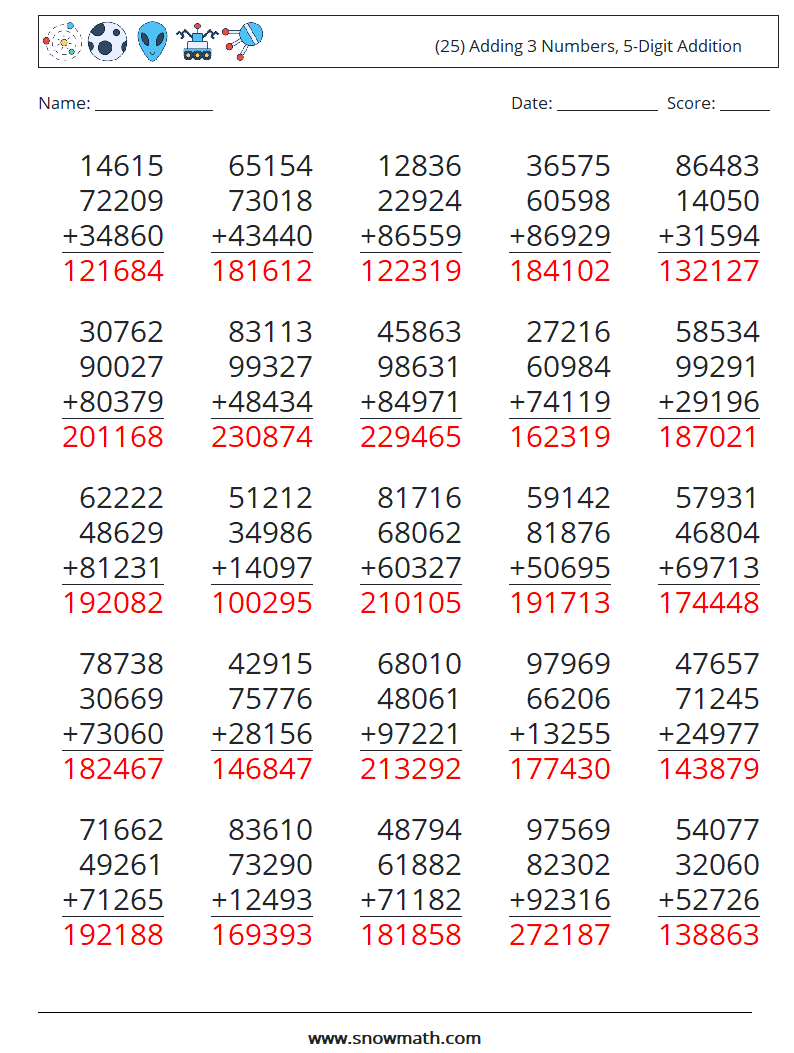 (25) Adding 3 Numbers, 5-Digit Addition Math Worksheets 7 Question, Answer
