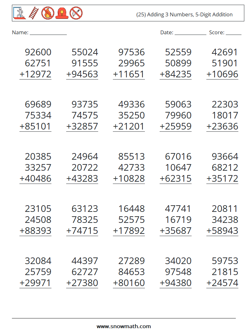 (25) Adding 3 Numbers, 5-Digit Addition Math Worksheets 8