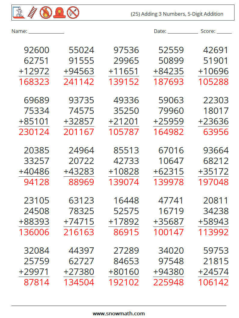 (25) Adding 3 Numbers, 5-Digit Addition Math Worksheets 8 Question, Answer