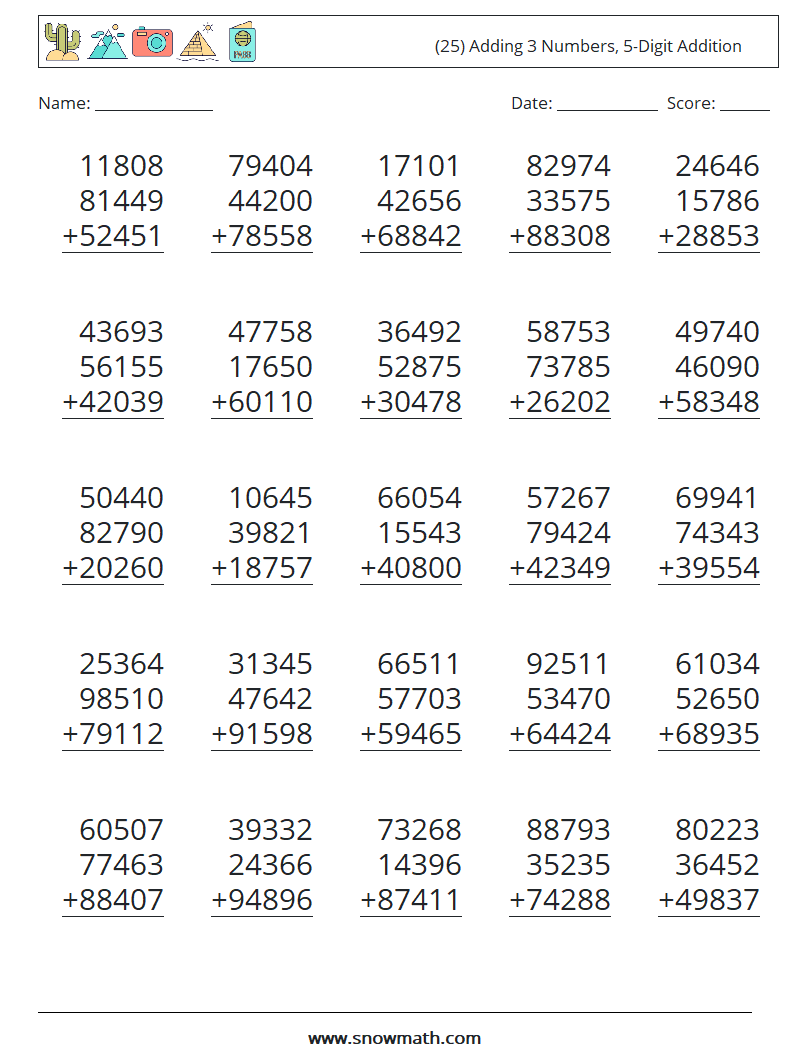 (25) Adding 3 Numbers, 5-Digit Addition Math Worksheets 9