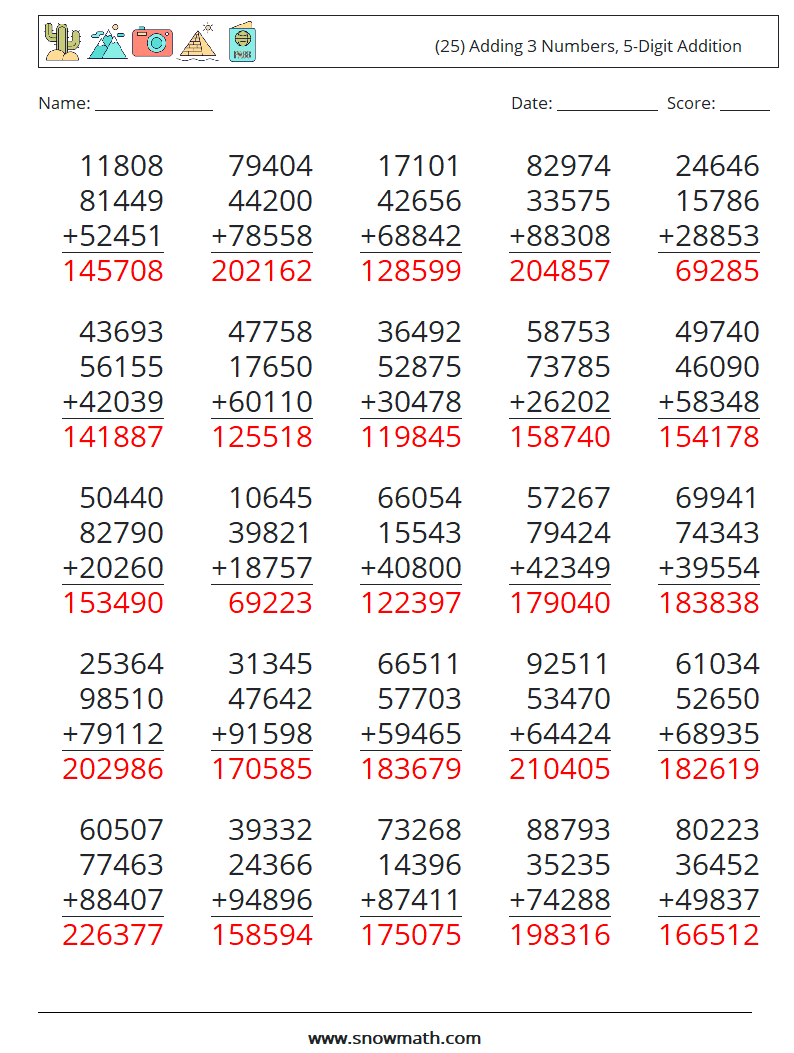 (25) Adding 3 Numbers, 5-Digit Addition Math Worksheets 9 Question, Answer
