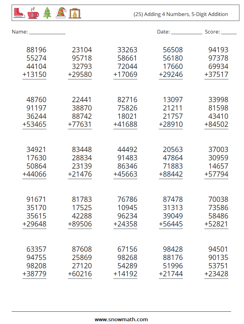 (25) Adding 4 Numbers, 5-Digit Addition Math Worksheets 1