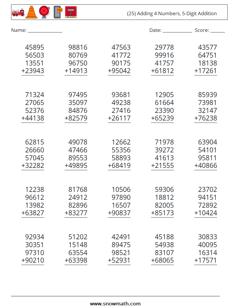 (25) Adding 4 Numbers, 5-Digit Addition Math Worksheets 10