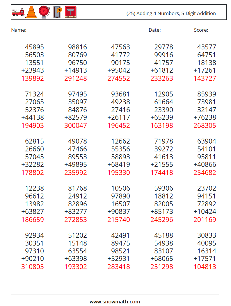 (25) Adding 4 Numbers, 5-Digit Addition Math Worksheets 10 Question, Answer