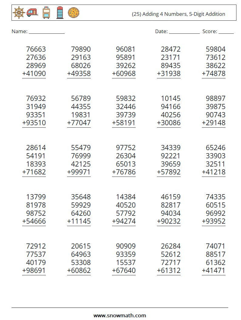 (25) Adding 4 Numbers, 5-Digit Addition Math Worksheets 12