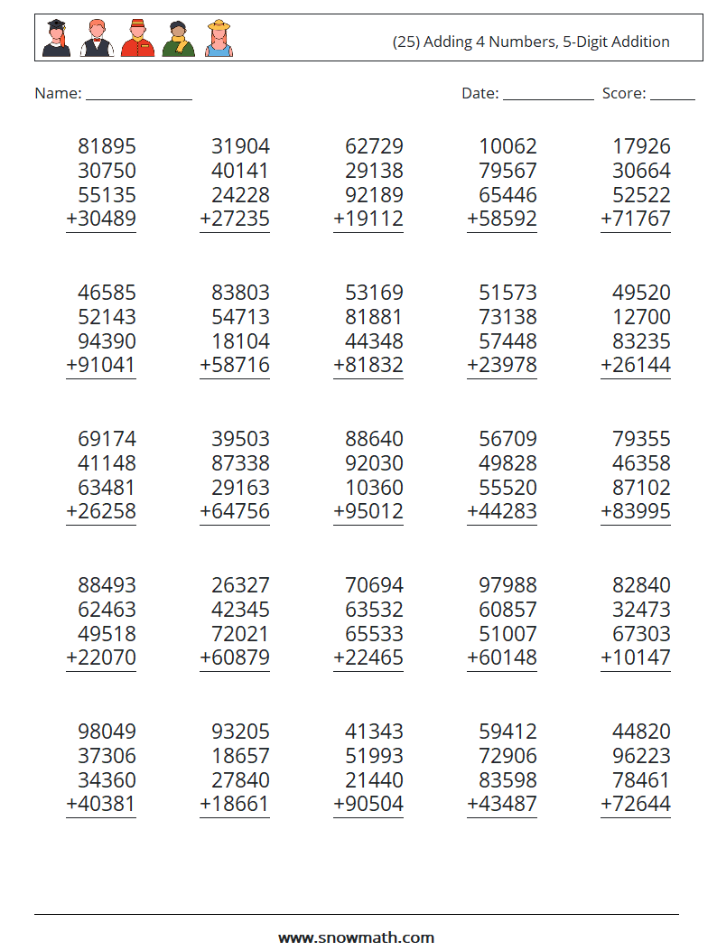 (25) Adding 4 Numbers, 5-Digit Addition Math Worksheets 14