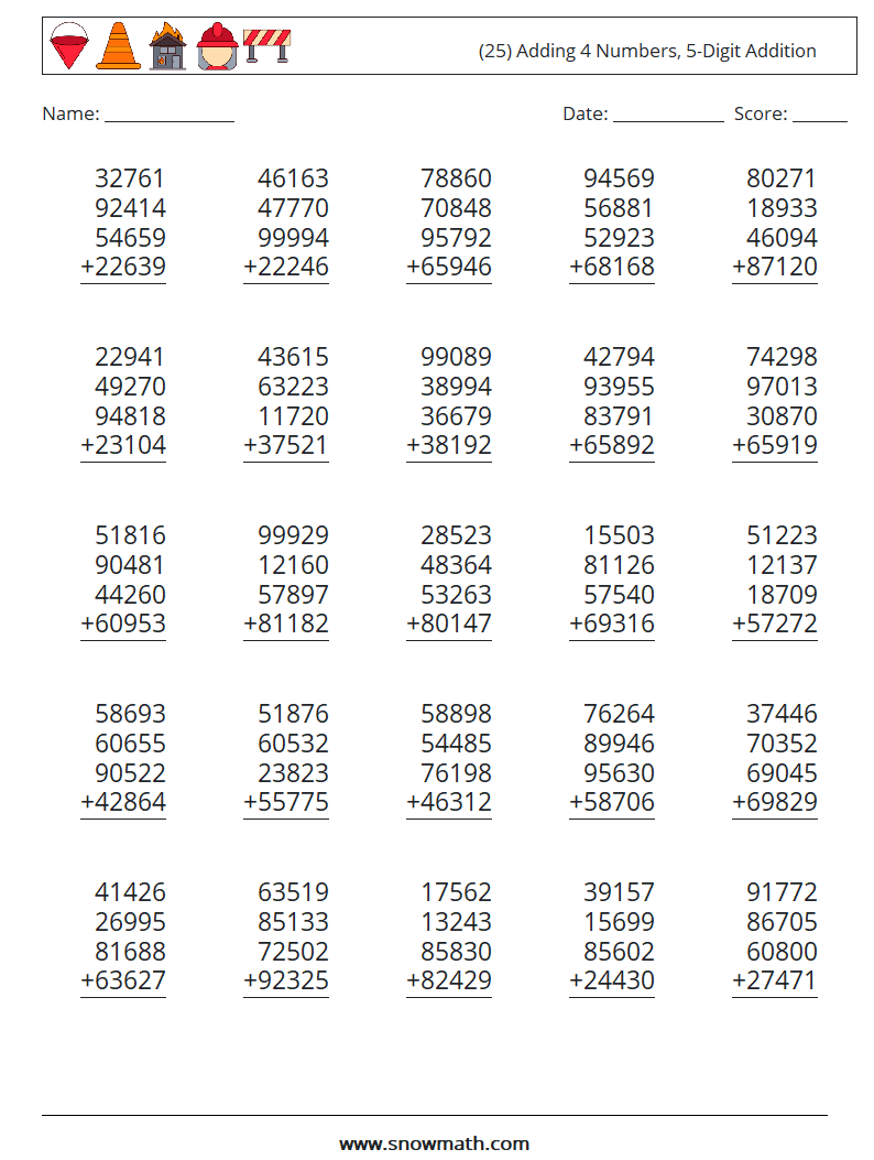 (25) Adding 4 Numbers, 5-Digit Addition Math Worksheets 15