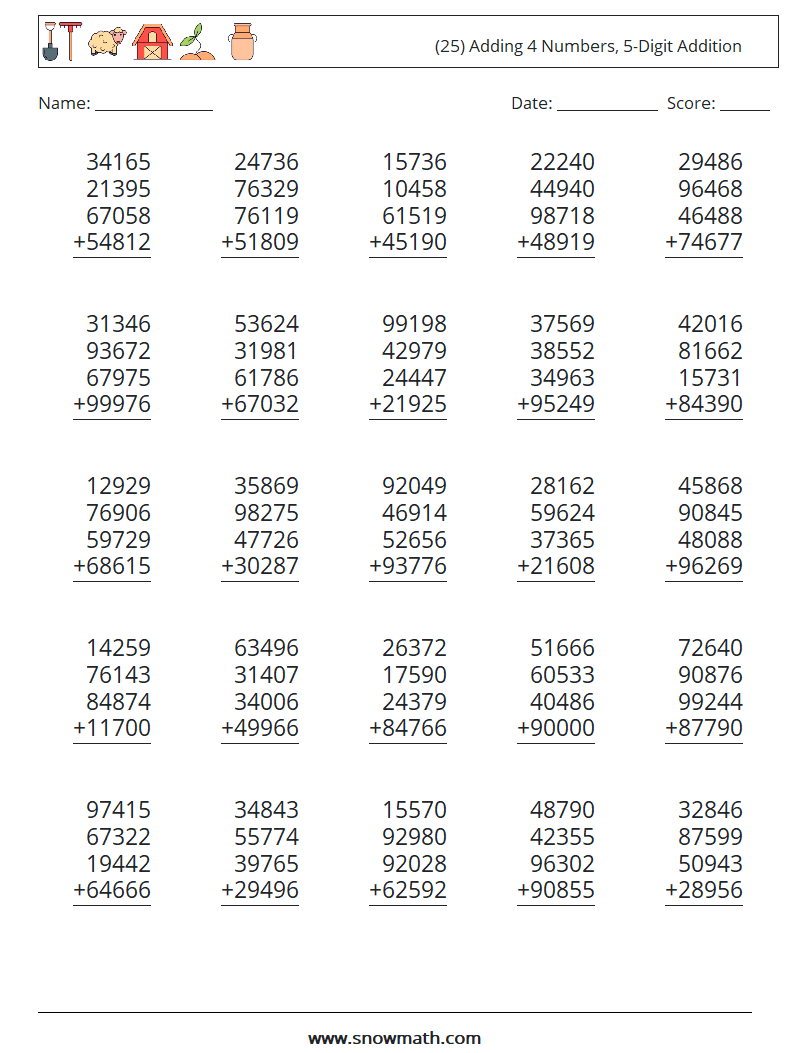 (25) Adding 4 Numbers, 5-Digit Addition Math Worksheets 16