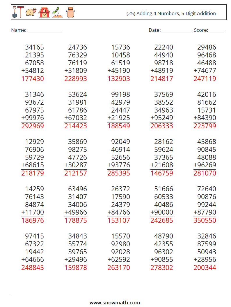 (25) Adding 4 Numbers, 5-Digit Addition Math Worksheets 16 Question, Answer