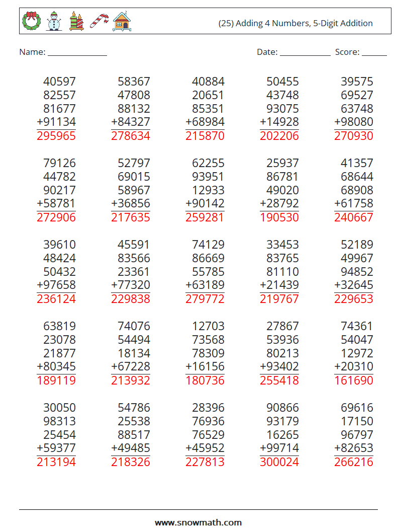 (25) Adding 4 Numbers, 5-Digit Addition Math Worksheets 17 Question, Answer