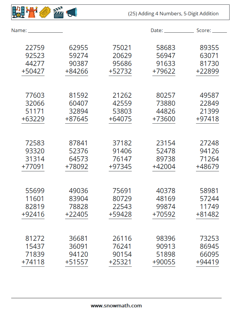 (25) Adding 4 Numbers, 5-Digit Addition Math Worksheets 18