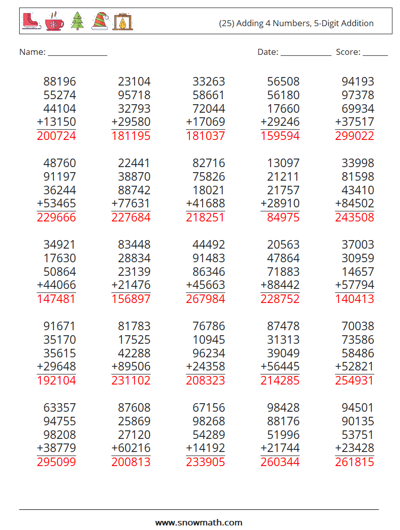 (25) Adding 4 Numbers, 5-Digit Addition Math Worksheets 1 Question, Answer