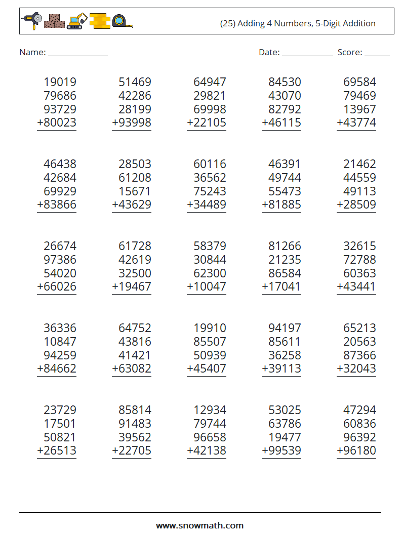 (25) Adding 4 Numbers, 5-Digit Addition Math Worksheets 2