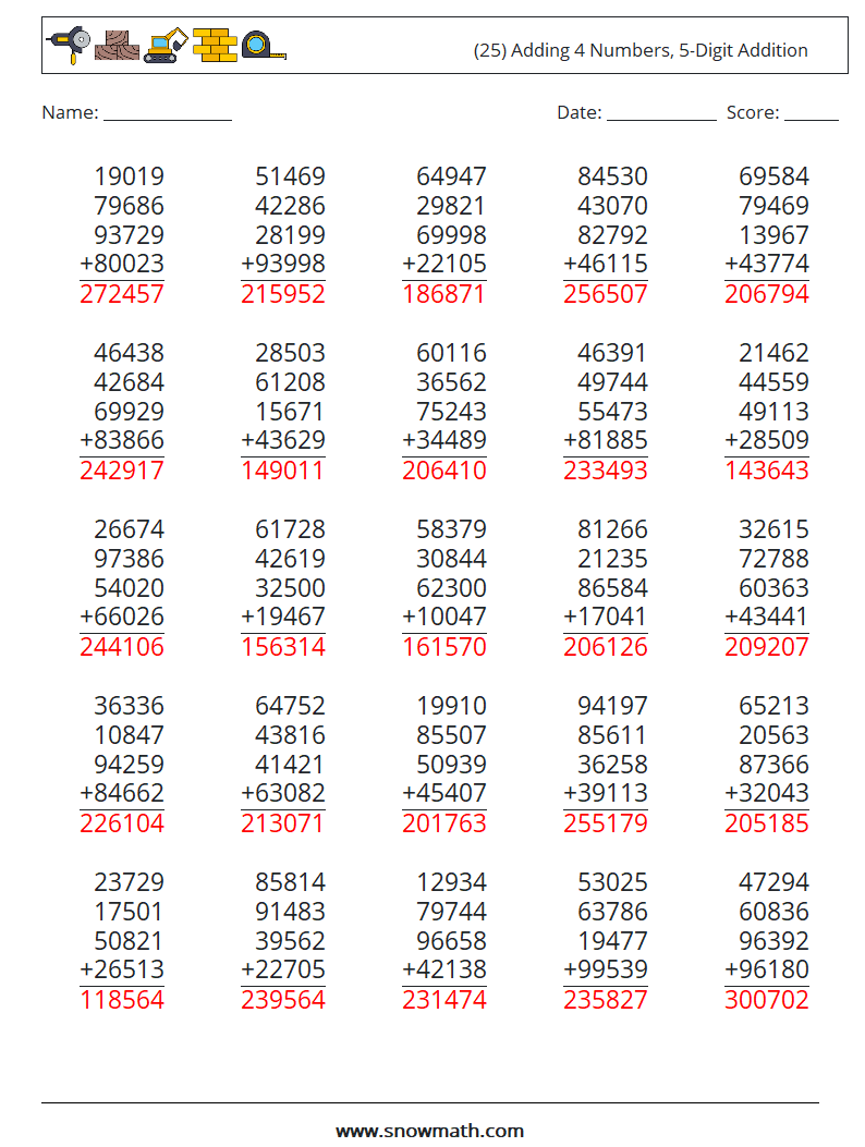 (25) Adding 4 Numbers, 5-Digit Addition Math Worksheets 2 Question, Answer