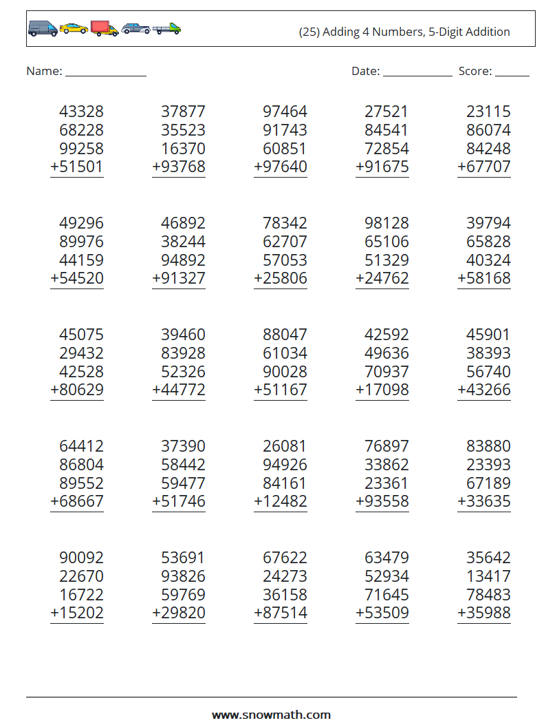 (25) Adding 4 Numbers, 5-Digit Addition Math Worksheets 3