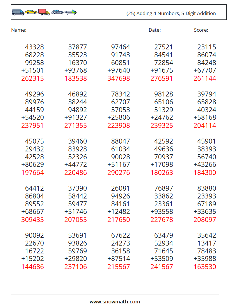 (25) Adding 4 Numbers, 5-Digit Addition Math Worksheets 3 Question, Answer