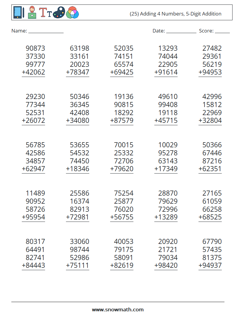 (25) Adding 4 Numbers, 5-Digit Addition Math Worksheets 4