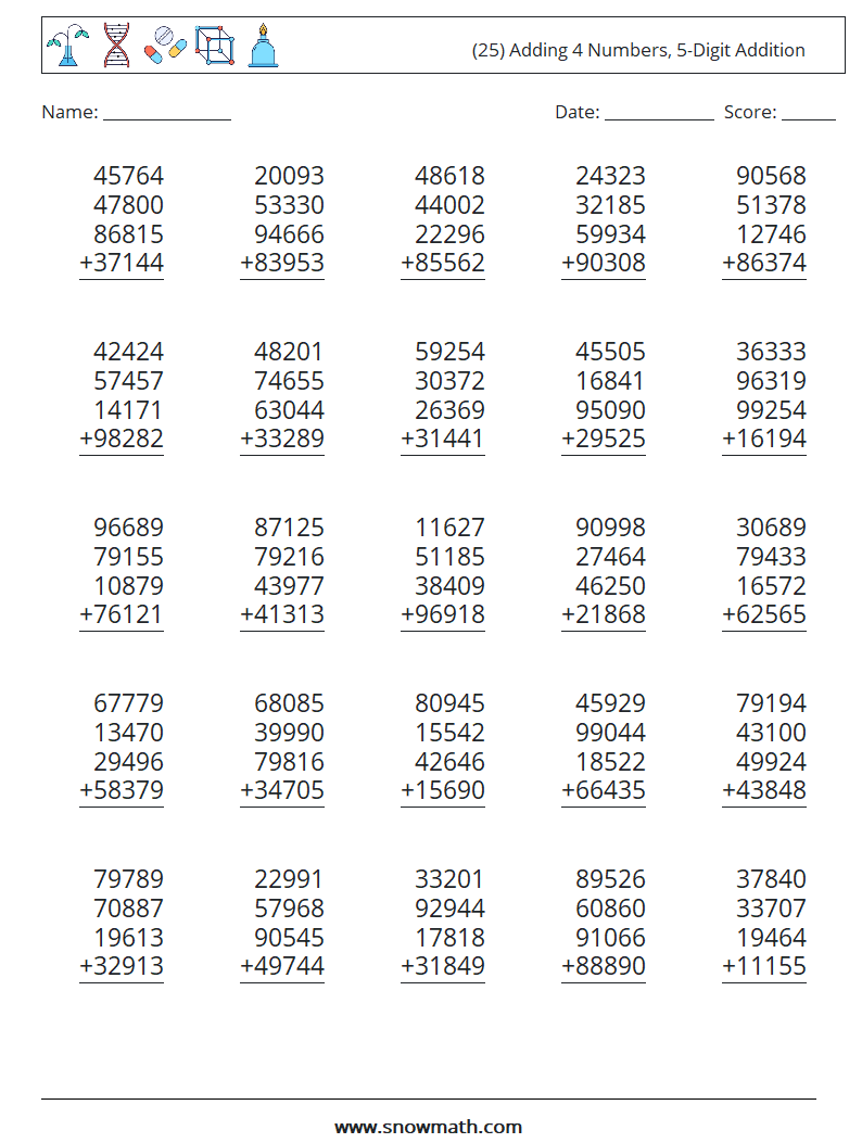 (25) Adding 4 Numbers, 5-Digit Addition Math Worksheets 5