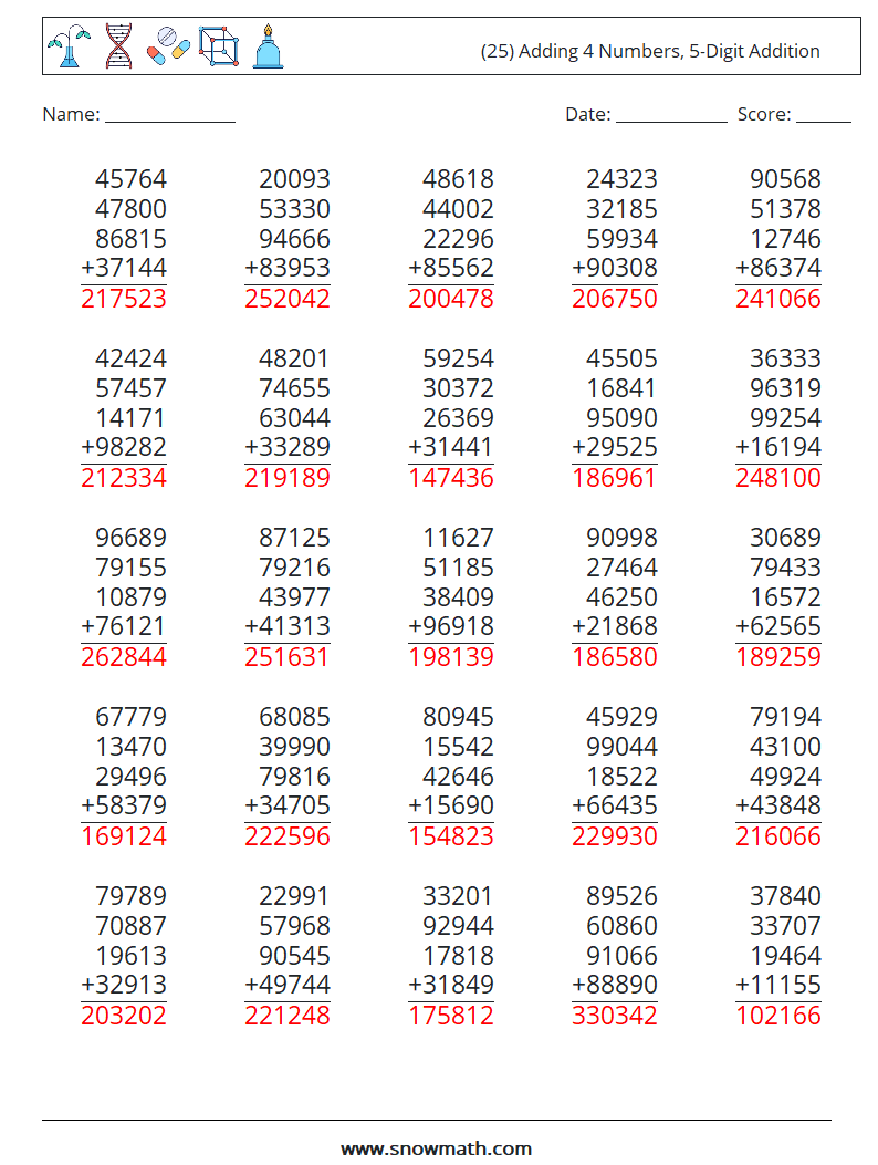 (25) Adding 4 Numbers, 5-Digit Addition Math Worksheets 5 Question, Answer
