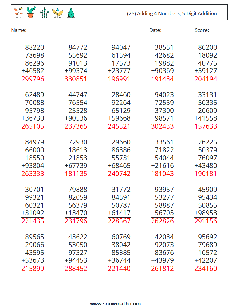 (25) Adding 4 Numbers, 5-Digit Addition Math Worksheets 6 Question, Answer