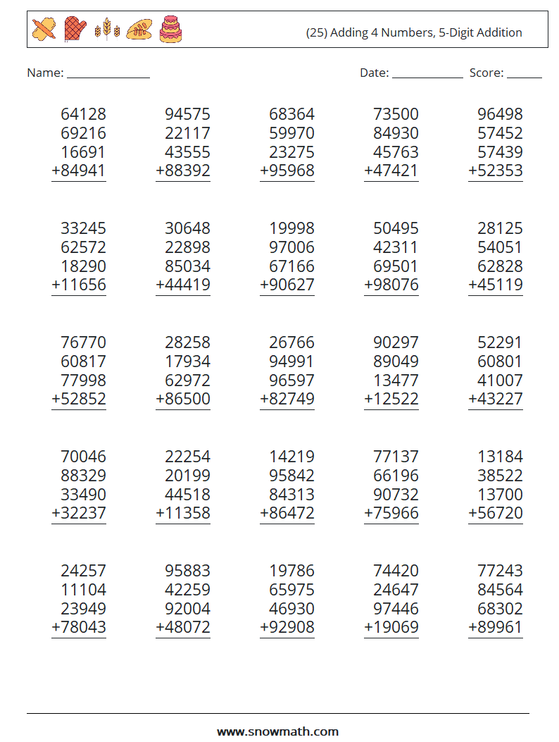 (25) Adding 4 Numbers, 5-Digit Addition Math Worksheets 7