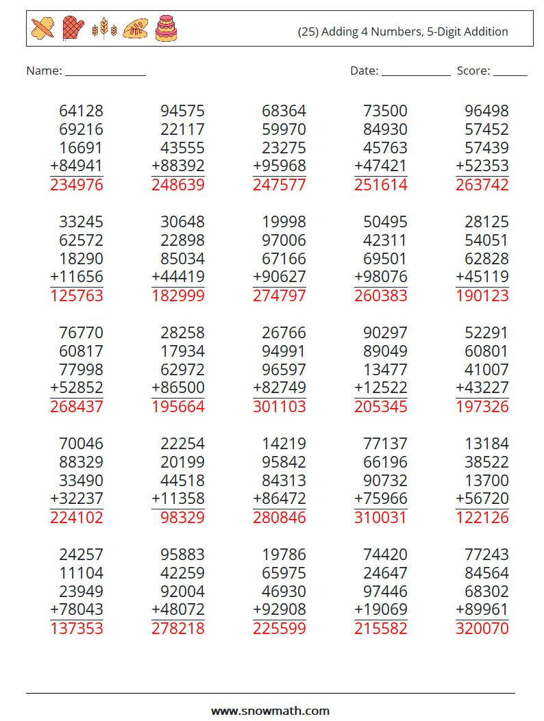 (25) Adding 4 Numbers, 5-Digit Addition Math Worksheets 7 Question, Answer